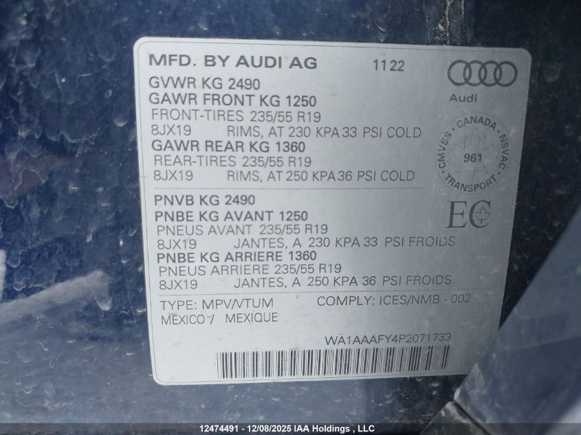 2023 Audi Q5 45 Komfort VIN: WA1AAAFY4P2071733 Lot: 12474491