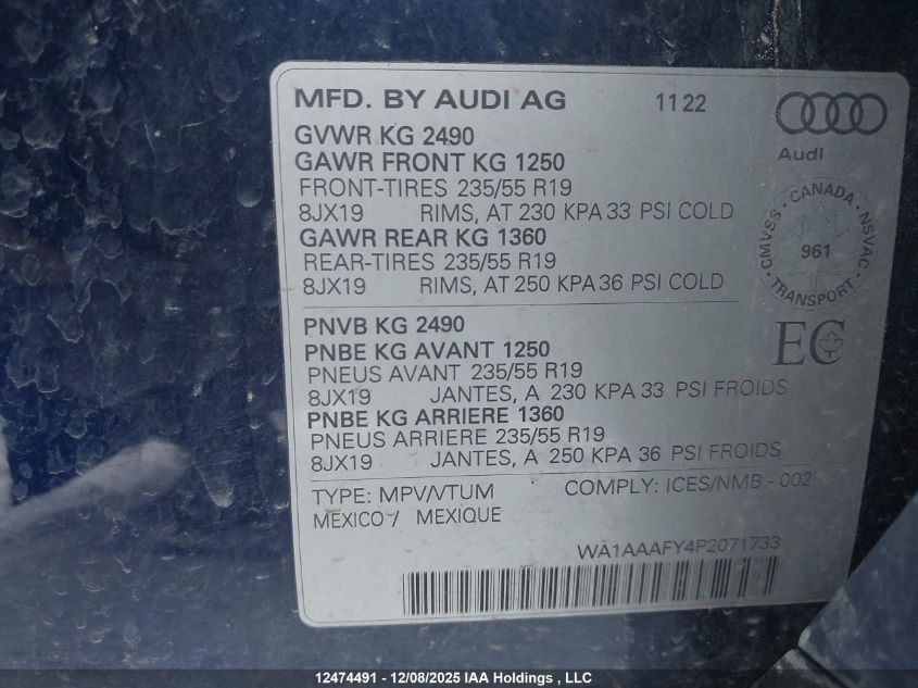 2023 Audi Q5 45 Komfort VIN: WA1AAAFY4P2071733 Lot: 12474491