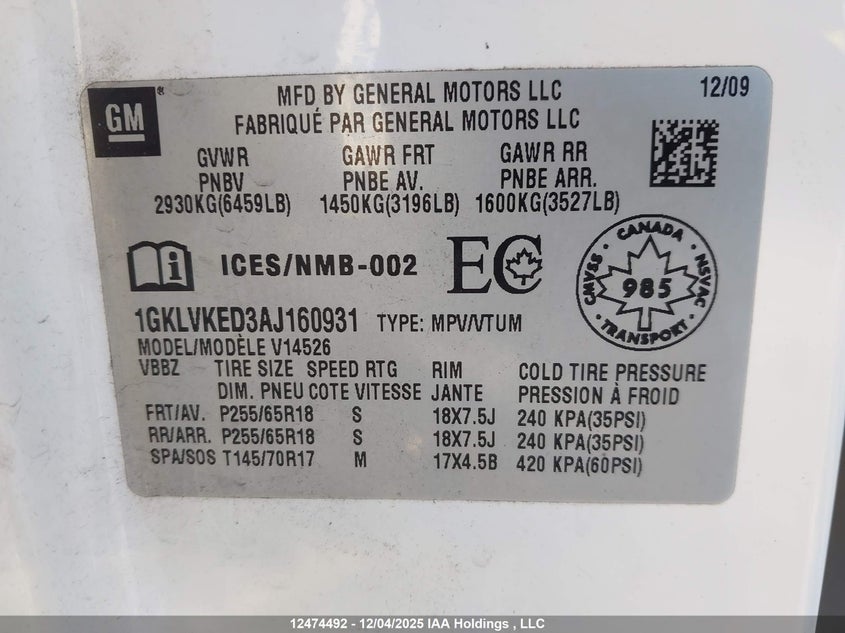 1GKLVKED3AJ160931 2010 GMC ACADIA photo no. 9