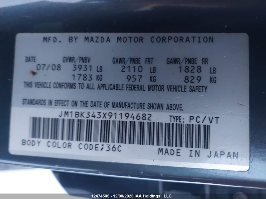 2009 Mazda 3 S VIN: JM1BK343X91194682 Lot: 12474505