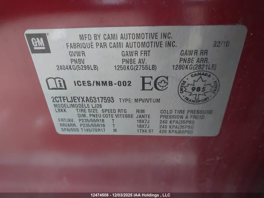 2CTFLJEYXA6317593 2010 GMC TERRAIN photo no. 9