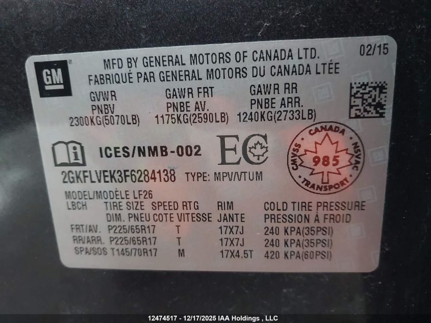 2015 GMC Terrain Sle-1 VIN: 2GKFLVEK3F6284138 Lot: 12474517