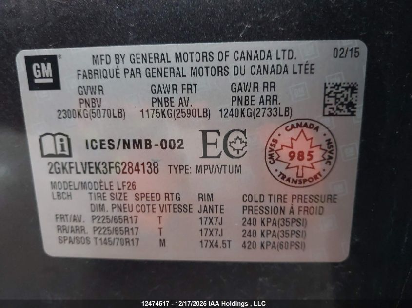 2015 GMC Terrain Sle-1 VIN: 2GKFLVEK3F6284138 Lot: 12474517