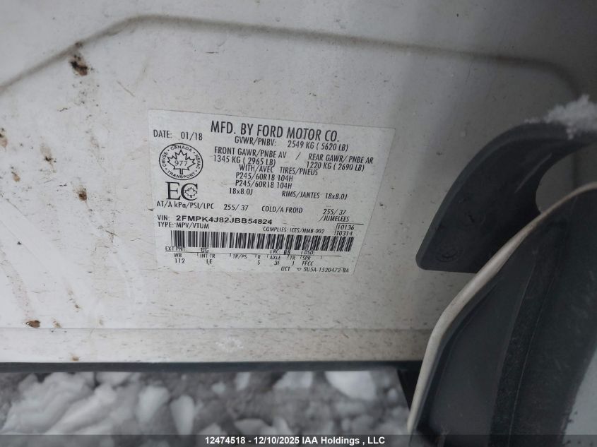 2018 Ford Edge VIN: 2FMPK4J82JBB54824 Lot: 12474518