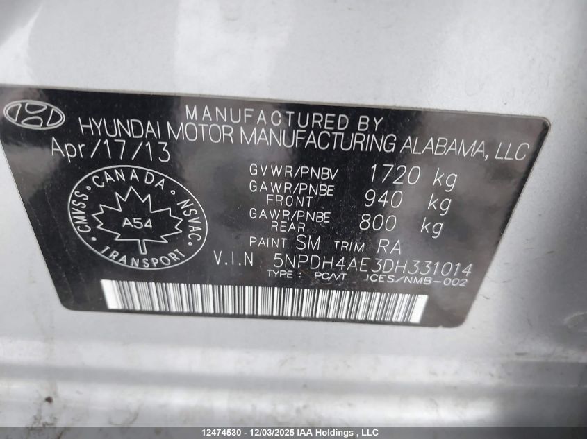 2013 Hyundai Elantra Gl VIN: 5NPDH4AE3DH331014 Lot: 12474530