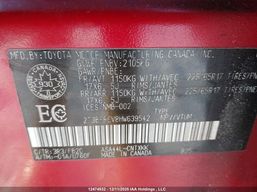 2017 Toyota Rav4 Le VIN: 2T3BFREV8HW639542 Lot: 12474532