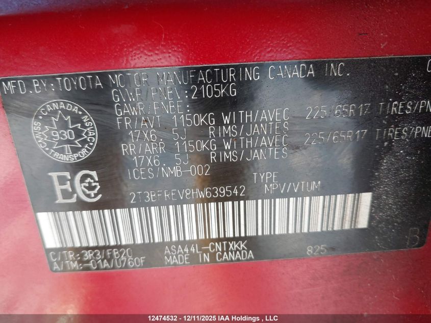 2017 Toyota Rav4 Le VIN: 2T3BFREV8HW639542 Lot: 12474532