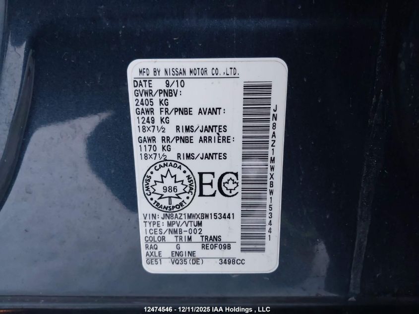 2011 Nissan Murano Sl VIN: JN8AZ1MWXBW153441 Lot: 12474546