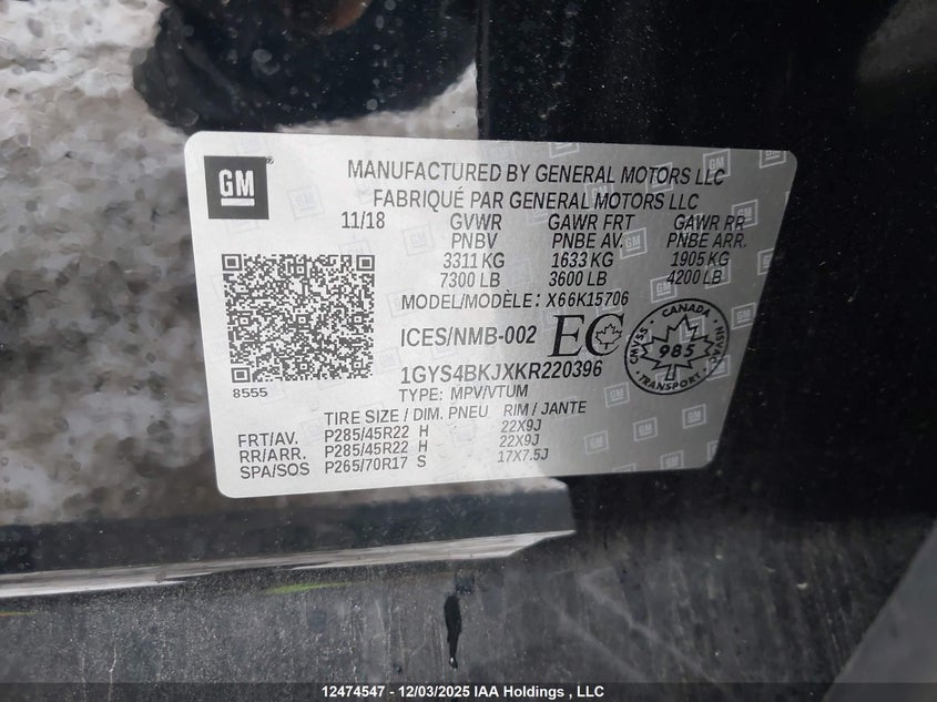 1GYS4BKJXKR220396 2019 CADILLAC ESCALADE photo no. 9