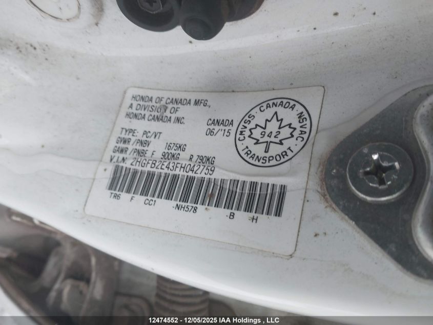 2015 Honda Civic Lx VIN: 2HGFB2E43FH042759 Lot: 12474552