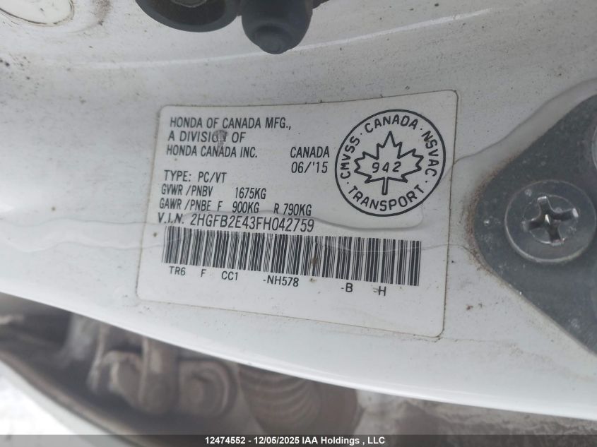 2015 Honda Civic Lx VIN: 2HGFB2E43FH042759 Lot: 12474552