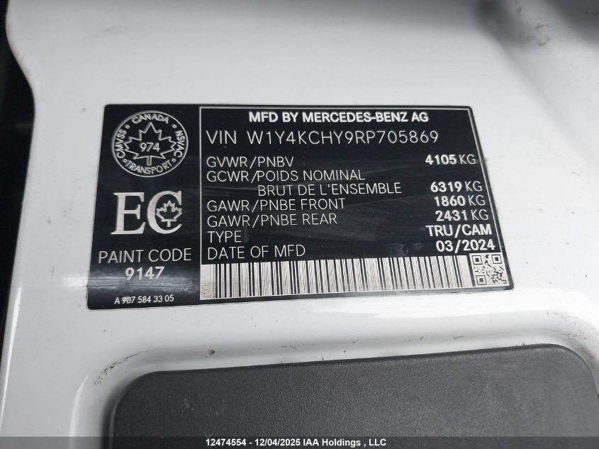 2024 Mercedes-Benz Sprinter 2500 VIN: W1Y4KCHY9RP705869 Lot: 12474554