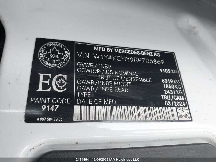 2024 Mercedes-Benz Sprinter 2500 VIN: W1Y4KCHY9RP705869 Lot: 12474554