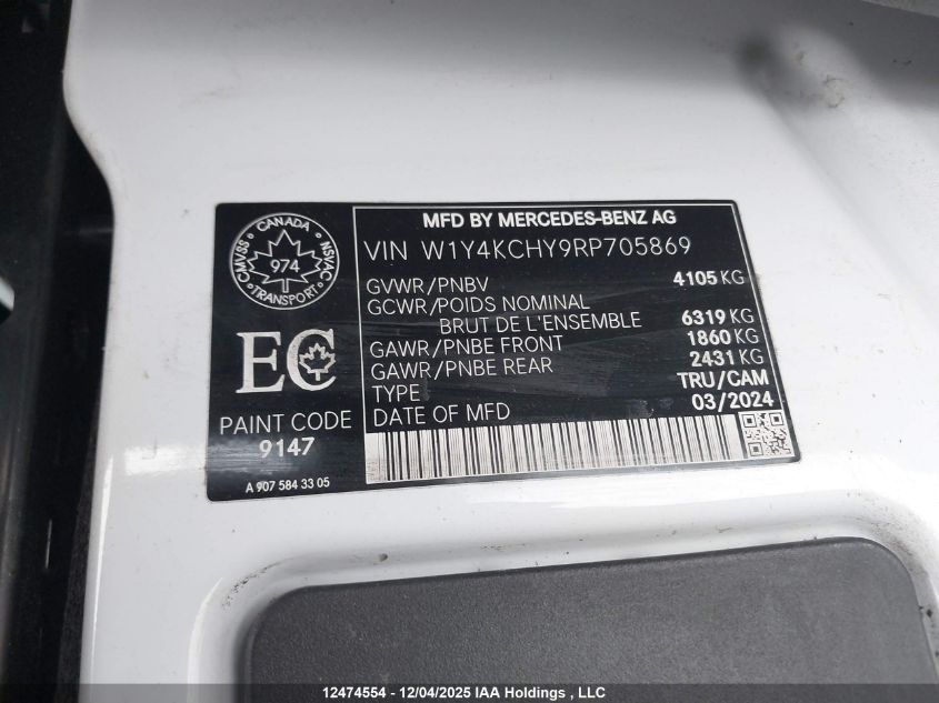2024 Mercedes-Benz Sprinter 2500 VIN: W1Y4KCHY9RP705869 Lot: 12474554