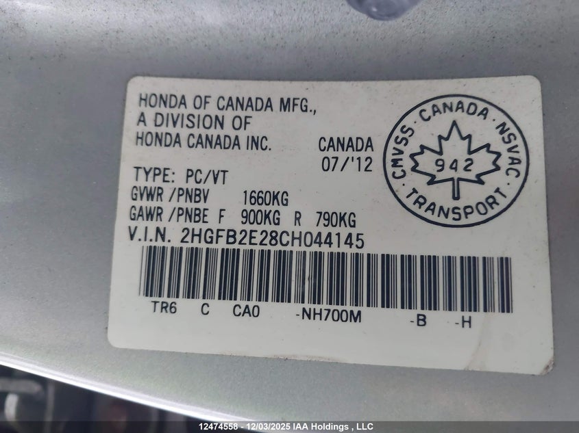 2HGFB2E28CH044145 2012 HONDA CIVIC photo no. 9
