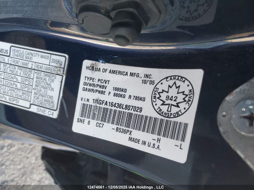 2006 Honda Civic VIN: 1HGFA16436L807029 Lot: 12474561