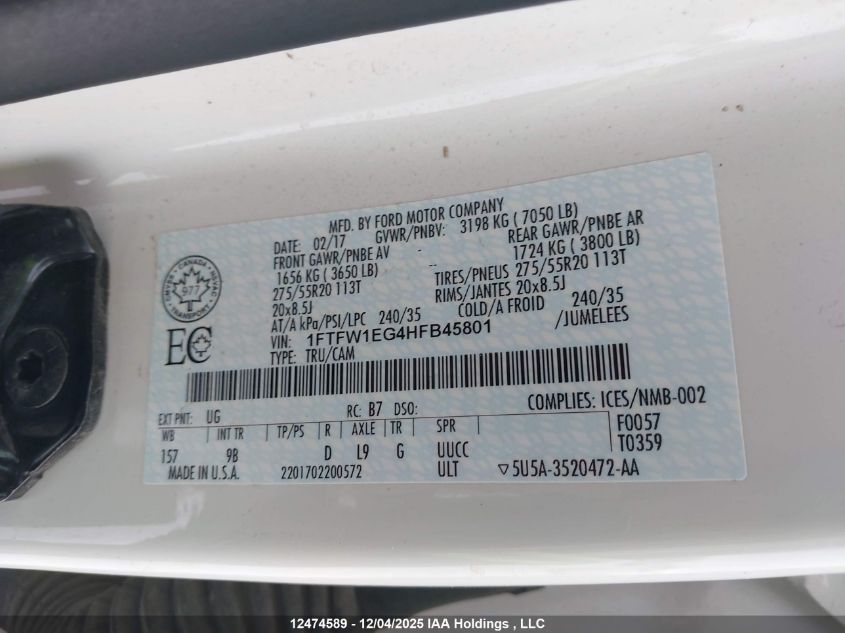2017 Ford F150 Supercrew VIN: 1FTFW1EG4HFB45801 Lot: 12474589