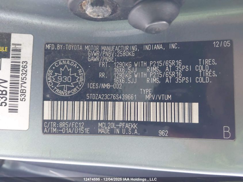 2006 Toyota Sienna VIN: 5TDZA23C76S439661 Lot: 12474595