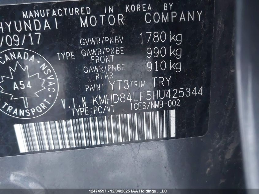 2017 Hyundai Elantra Se/Value/Limited VIN: KMHD84LF5HU425344 Lot: 12474597