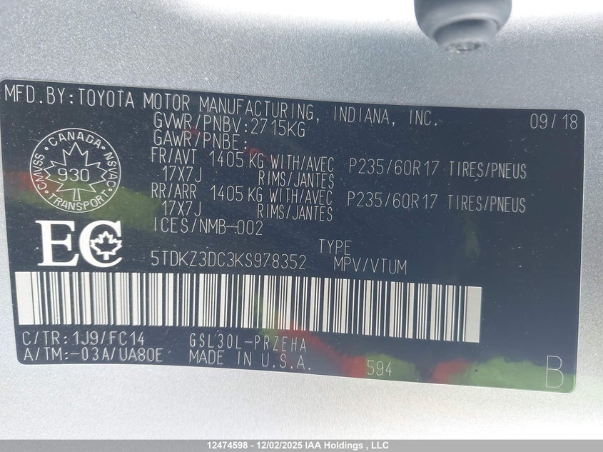 5TDKZ3DC3KS978352 2019 TOYOTA SIENNA photo no. 9