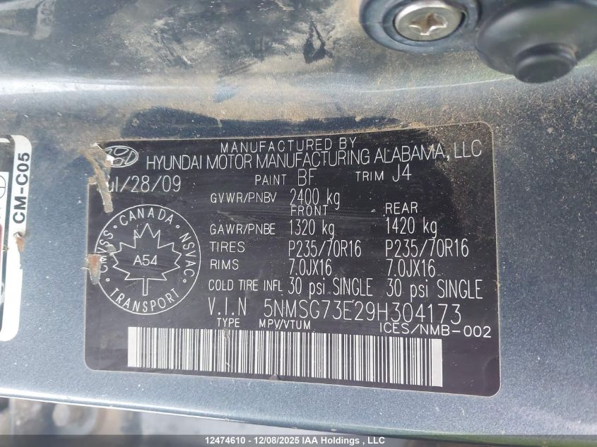2009 Hyundai Santa Fe Gl/Gls VIN: 5NMSG73E29H304173 Lot: 12474610