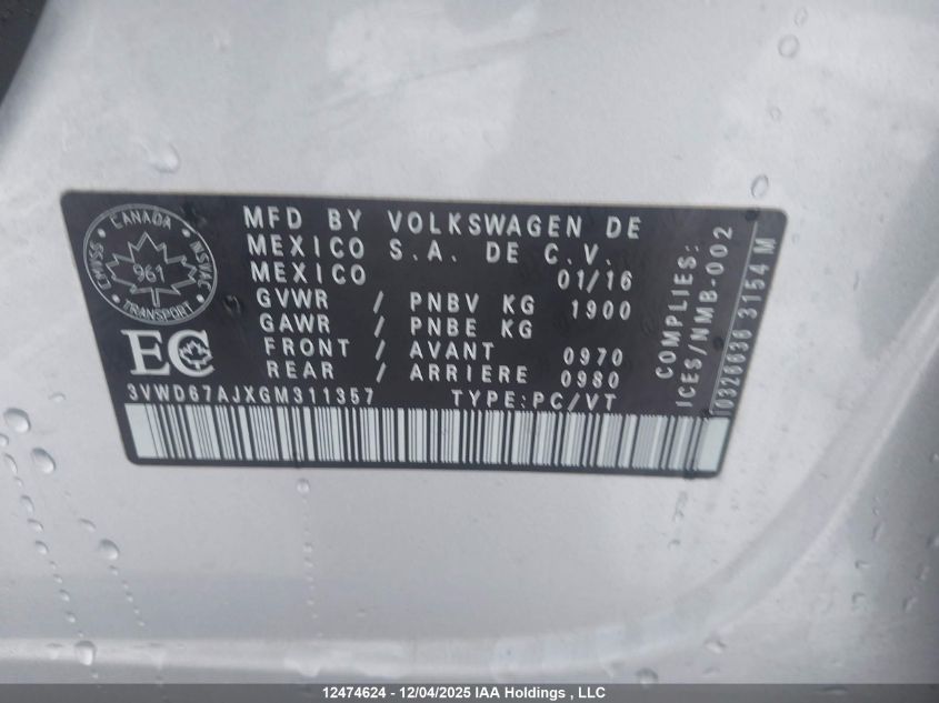 2016 Volkswagen Jetta 1.4 Tsi Comfortline VIN: 3VWD67AJXGM311357 Lot: 12474624