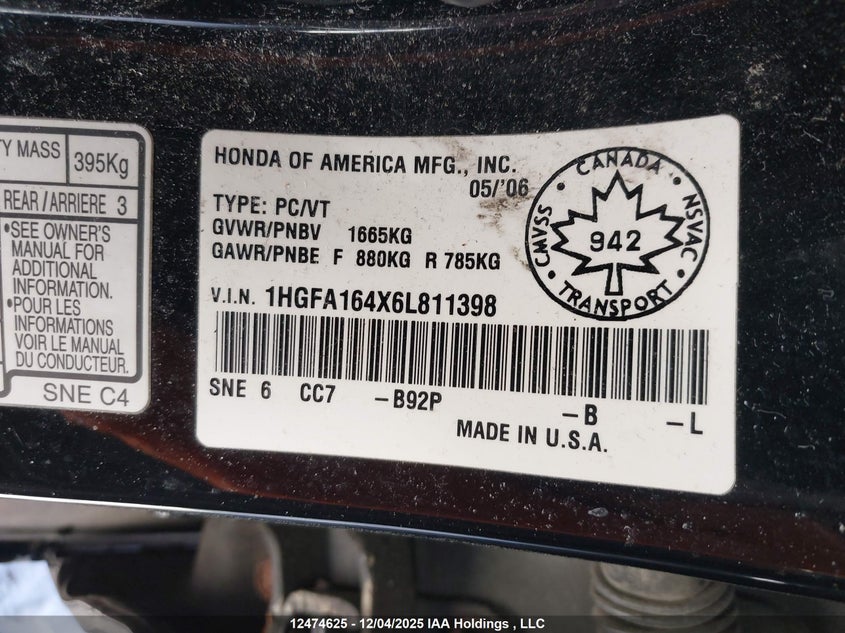 1HGFA164X6L811398 2006 HONDA CIVIC photo no. 9