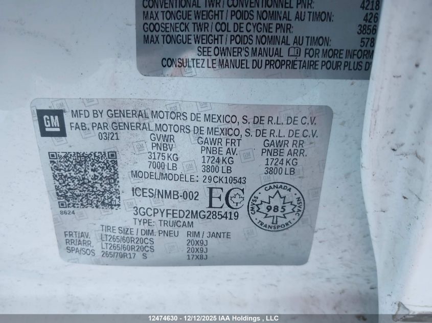 2021 Chevrolet Silverado 1500 Lt Trail Boss VIN: 3GCPYFED2MG285419 Lot: 12474630