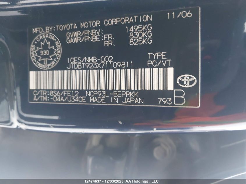 2007 Toyota Yaris VIN: JTDBT923X71109811 Lot: 12474637