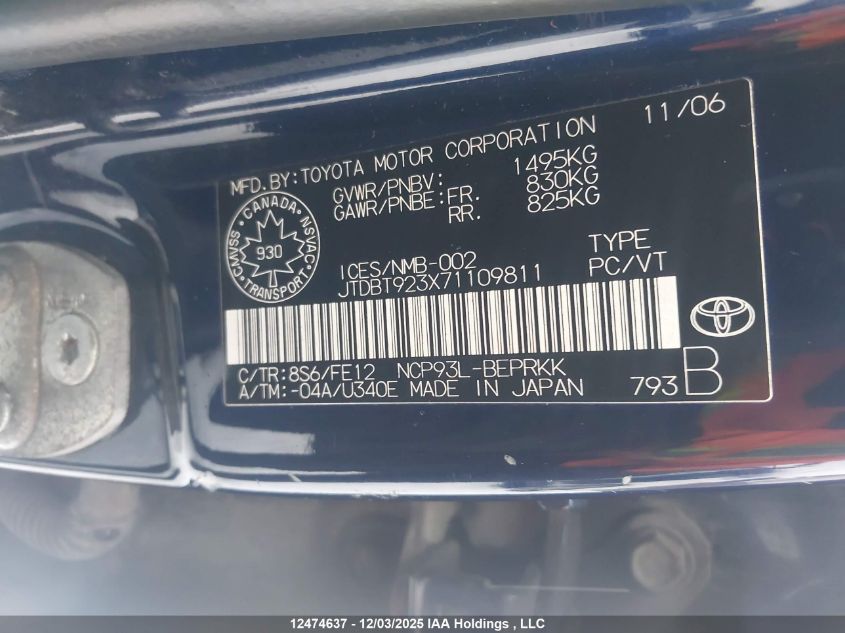 2007 Toyota Yaris VIN: JTDBT923X71109811 Lot: 12474637