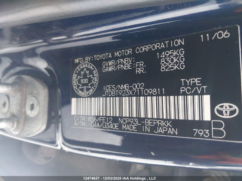 2007 Toyota Yaris VIN: JTDBT923X71109811 Lot: 12474637