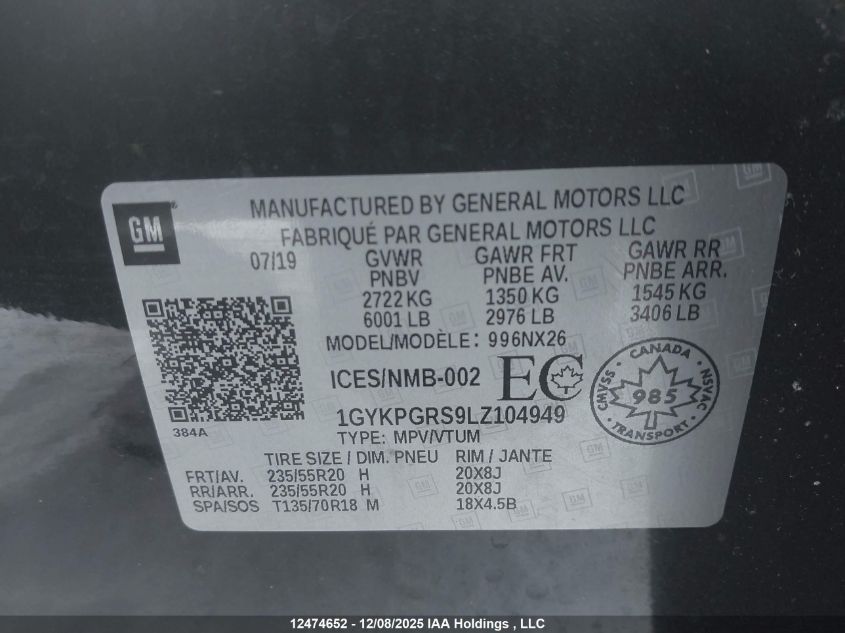 2020 Cadillac Xt6 Sport VIN: 1GYKPGRS9LZ104949 Lot: 12474652