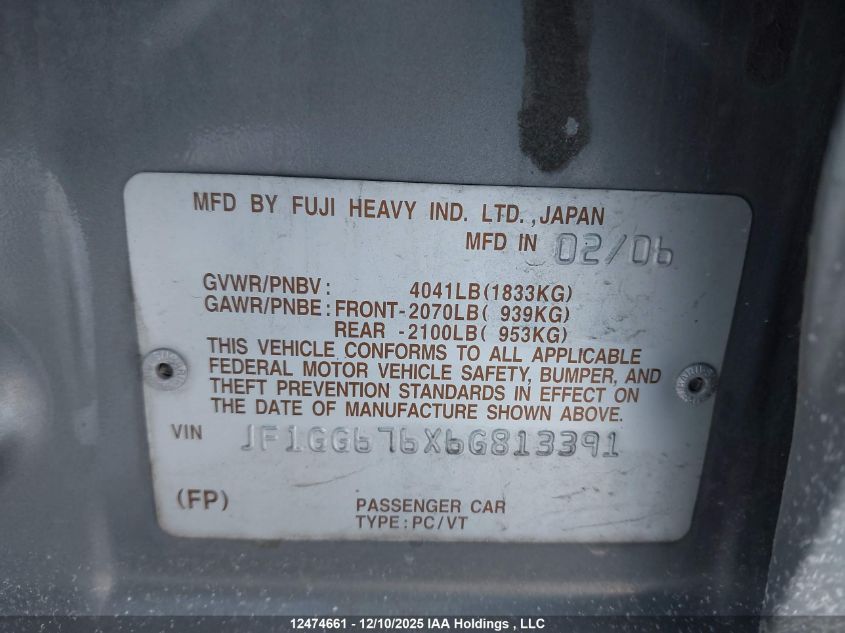 2006 Subaru Impreza 2.5I Sports Wagon VIN: JF1GG676X6G813391 Lot: 12474661