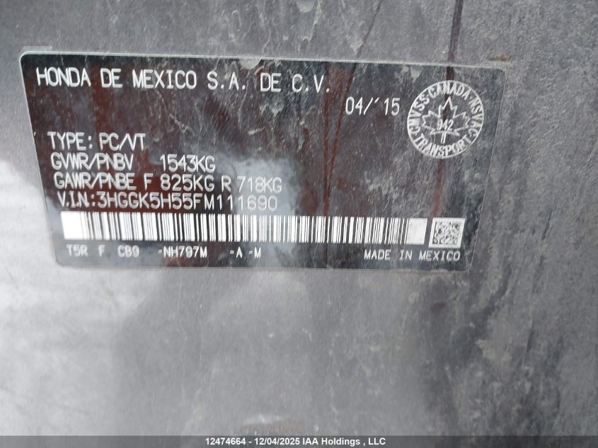 2015 Honda Fit Lx VIN: 3HGGK5H55FM111690 Lot: 12474664