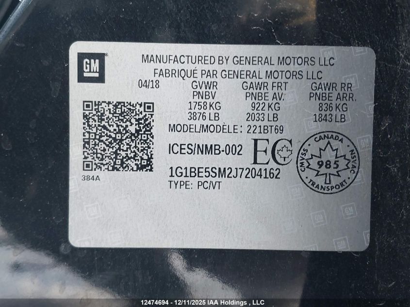 2018 Chevrolet Cruze Lt Auto VIN: 1G1BE5SM2J7204162 Lot: 12474694