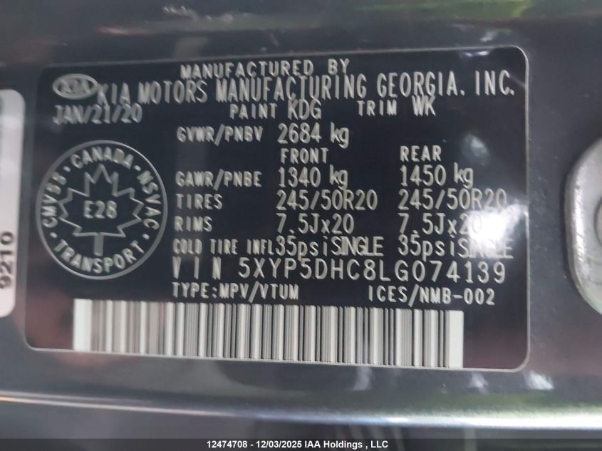 2020 Kia Telluride Sx/Sx Limited/Sx Limited W/Nappa VIN: 5XYP5DHC8LG074139 Lot: 12474708