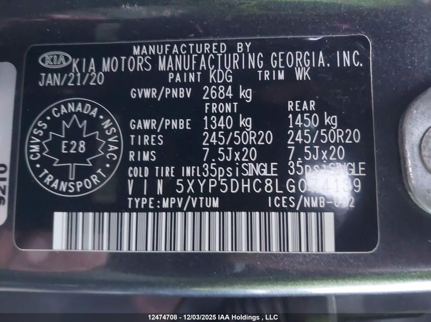 2020 Kia Telluride Sx/Sx Limited/Sx Limited W/Nappa VIN: 5XYP5DHC8LG074139 Lot: 12474708