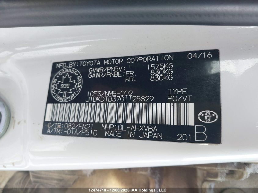 2016 Toyota Prius C Technology VIN: JTDKDTB37G1125829 Lot: 12474710