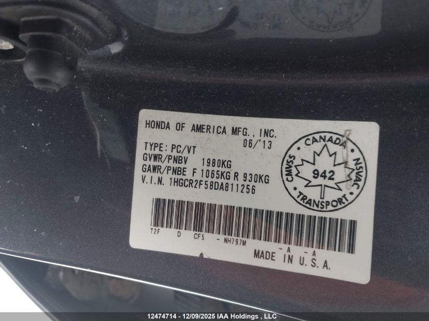 2013 Honda Accord VIN: 1HGCR2F58DA811256 Lot: 12474714