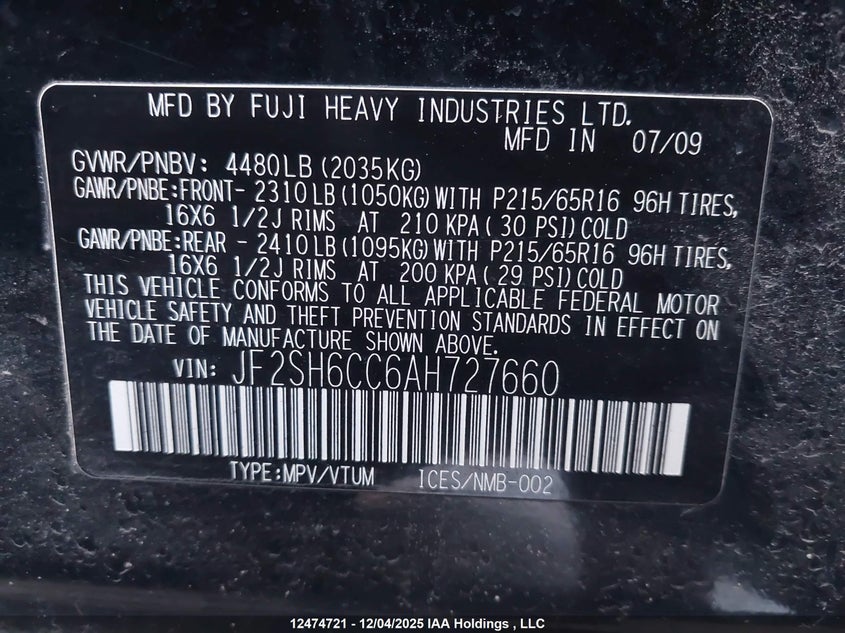 JF2SH6CC6AH727660 2010 SUBARU FORESTER photo no. 9