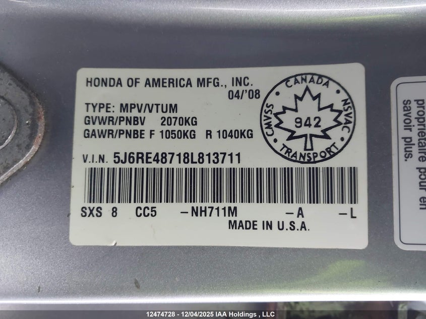 5J6RE48718L813711 2008 HONDA CR-V photo no. 9