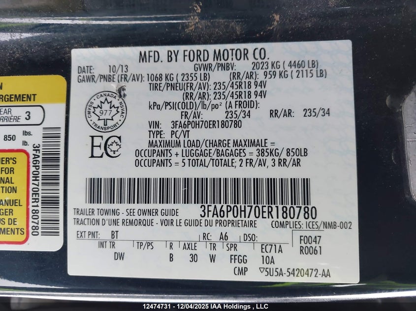 3FA6P0H70ER180780 2014 FORD FUSION photo no. 9