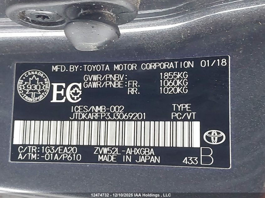 2018 Toyota Prius Prime Upgrade VIN: JTDKARFP3J3069201 Lot: 12474732