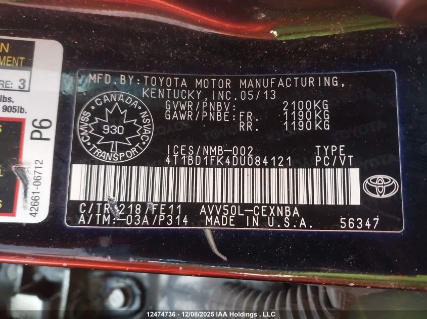 2013 Toyota Camry Hybrid Le VIN: 4T1BD1FK4DU084121 Lot: 12474736