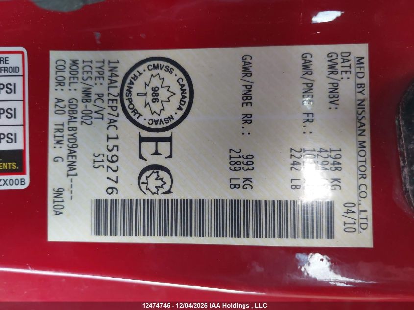 2010 Nissan Altima 2.5 S VIN: 1N4AL2EP7AC159276 Lot: 12474745