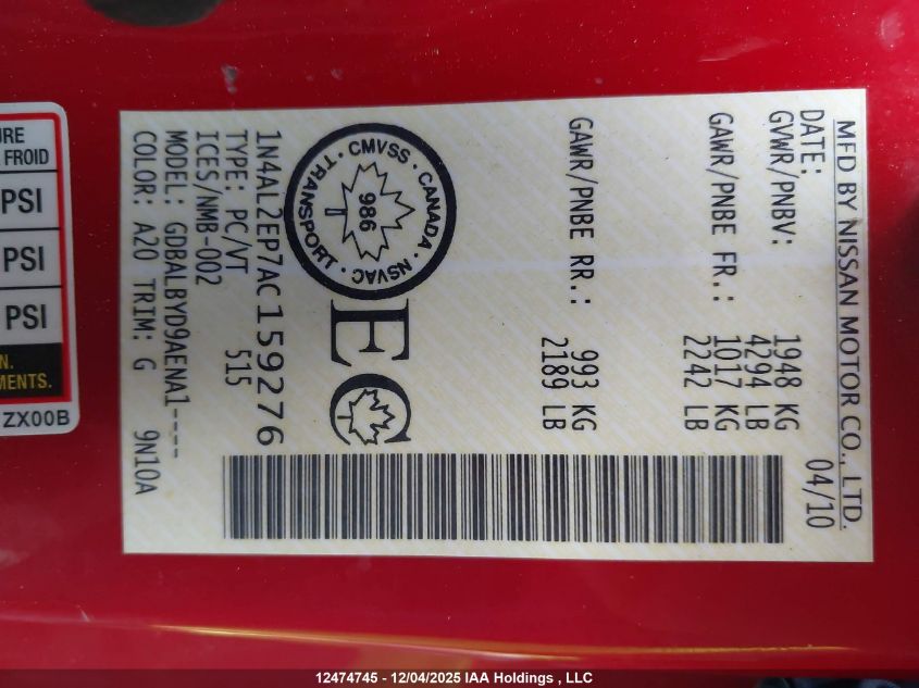 2010 Nissan Altima 2.5 S VIN: 1N4AL2EP7AC159276 Lot: 12474745