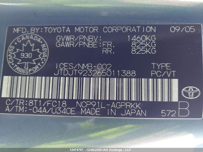 2006 Toyota Yaris VIN: JTDJT923265011388 Lot: 12474767