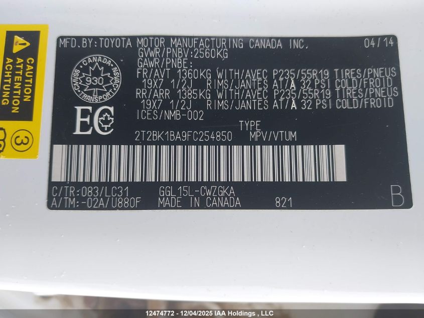 2015 Lexus Rx 350 F Sport VIN: 2T2BK1BA9FC254850 Lot: 12474772