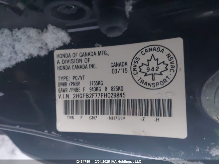 2015 Honda Civic VIN: 2HGFB2F77FH029845 Lot: 12474799