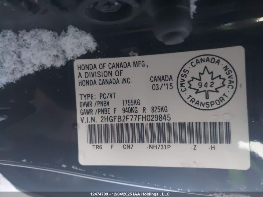 2015 Honda Civic VIN: 2HGFB2F77FH029845 Lot: 12474799